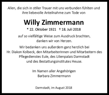 Traueranzeige von Willy Zimmermann von vrm-trauer