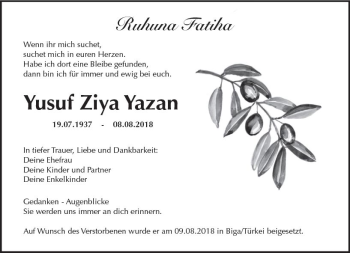 Traueranzeige von Yusuf Ziya Yazan von  Kreisanzeiger