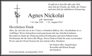 Traueranzeige von Agnes Nickolai von  Usinger Anzeiger