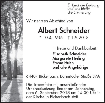 Traueranzeige von Albert Schneider von vrm-trauer