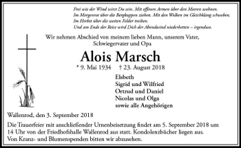 Traueranzeige von Alois Marsch von VRM Trauer