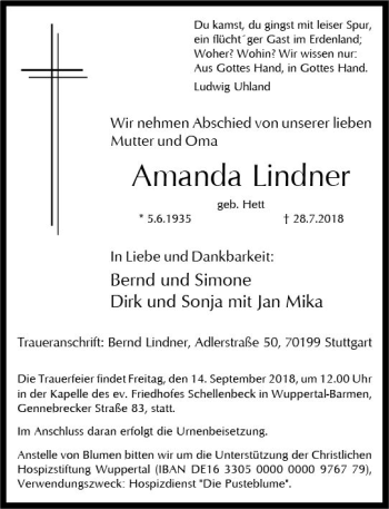 Traueranzeige von Amanda Lindner von VRM Trauer