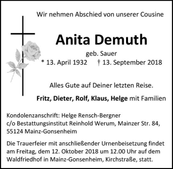 Traueranzeige von Anita Demuth von vrm-trauer
