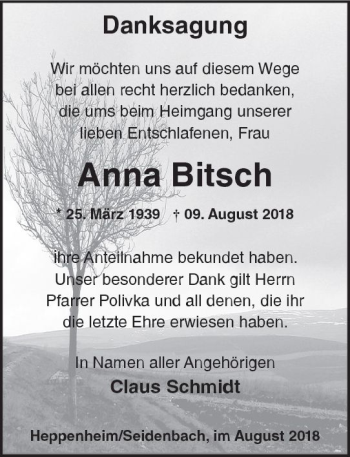 Traueranzeige von Anna Bitsch von vrm-trauer