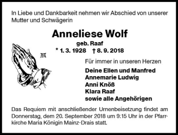 Traueranzeige von Anneliese Wolf von vrm-trauer