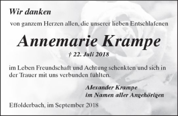 Traueranzeige von Annemarie Krampe von  Kreisanzeiger