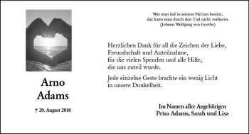 Traueranzeige von Arno Adams von vrm-trauer