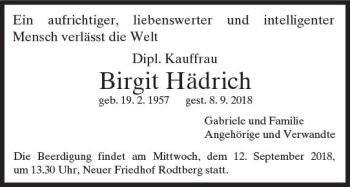 Traueranzeige von Birgit Hädrich von  Gießener Anzeiger