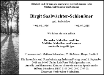 Traueranzeige von Birgit Saalwächter-Schleußner von vrm-trauer