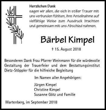 Traueranzeige von Bärbel Kimpel von VRM Trauer
