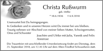 Traueranzeige von Christa Rußwurm von  Camberger Anzeiger