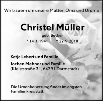 Traueranzeige von Christel Müller von vrm-trauer