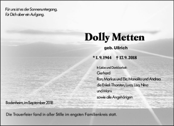 Traueranzeige von Dolly Metten von vrm-trauer