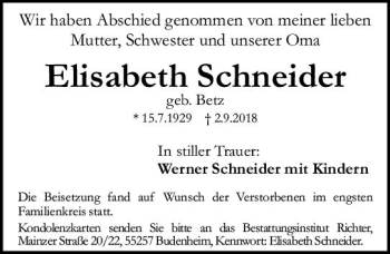 Traueranzeige von Elisabeth Schneider von vrm-trauer