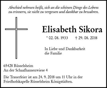 Traueranzeige von Elisabeth Sikora von vrm-trauer