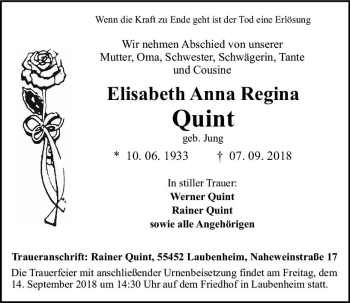 Traueranzeige von Elisabeth Anna Regina Quint von vrm-trauer