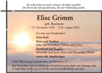 Traueranzeige von Elise Grimm von VRM Trauer