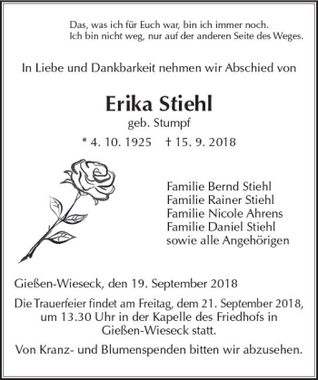 Traueranzeige von Erika Stiehl von  Gießener Anzeiger