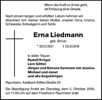 Traueranzeige von Erna Liedmann von vrm-trauer