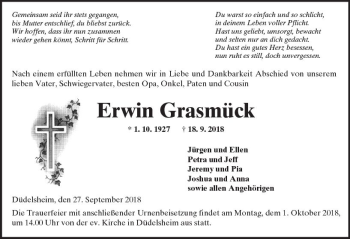 Traueranzeige von Erwin Grasmück von  Kreisanzeiger
