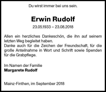 Traueranzeige von Erwin Rudolf von vrm-trauer