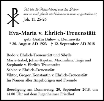 Traueranzeige von Eva-Maria v. Ehrlich-Treuenstätt von vrm-trauer