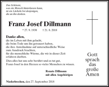 Traueranzeige von Franz Josef Dillmann von  Camberger Anzeiger