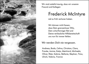 Traueranzeige von Frederick McIntyre von vrm-trauer