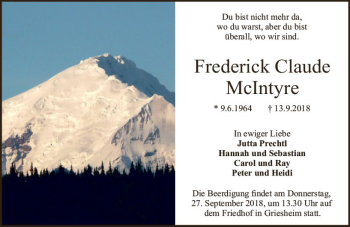 Traueranzeige von Frederick McIntyre von vrm-trauer