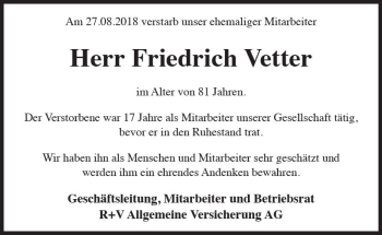 Traueranzeige von Friedrich Vetter von vrm-trauer