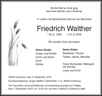 Traueranzeige von Friedrich Walther von VRM Trauer