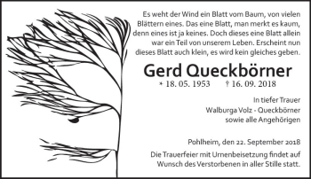 Traueranzeige von Gerd Queckbörner von  Gießener Anzeiger