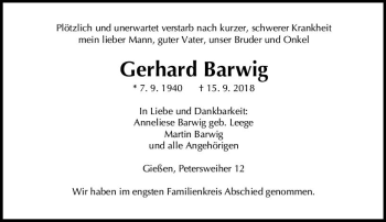 Traueranzeige von Gerhard Barwig von  Gießener Anzeiger