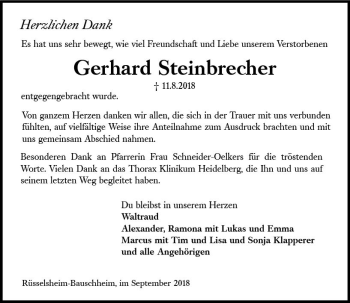 Traueranzeige von Gerhard Steinbrecher von vrm-trauer