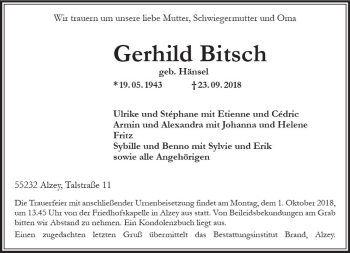 Traueranzeige von Gerhild Bitsch von vrm-trauer