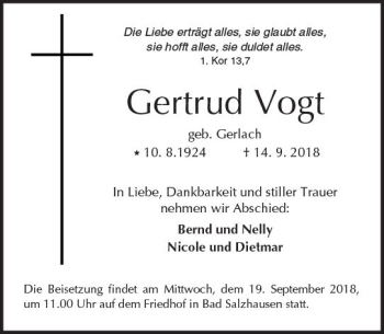 Traueranzeige von Gertrud Vogt von  Kreisanzeiger