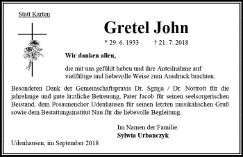 Traueranzeige von Gretel John von VRM Trauer
