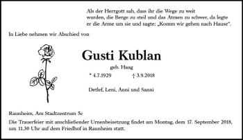 Traueranzeige von Gusti Kublan von vrm-trauer