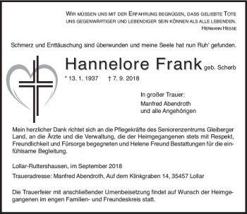 Traueranzeige von Hannelore Frank von  Gießener Anzeiger