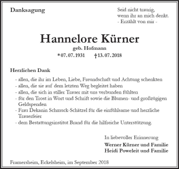 Traueranzeige von Hannelore Kürner von vrm-trauer