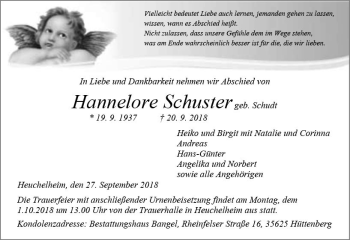 Traueranzeige von Hannelore Schuster von  Gießener Anzeiger