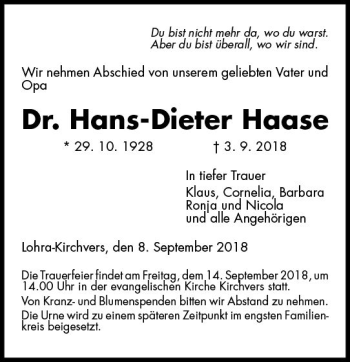Traueranzeige von Hans-Dieter Haase von  Gießener Anzeiger