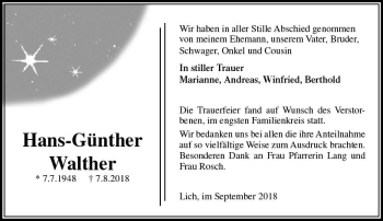 Traueranzeige von Hans-Günther Walther von  Gießener Anzeiger