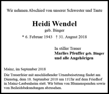 Traueranzeige von Heidi Wendel von vrm-trauer