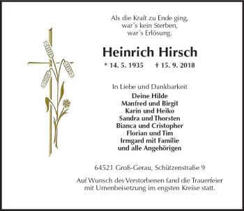 Traueranzeige von Heinrich Hirsch von vrm-trauer