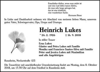 Traueranzeige von Heinrich Lukes von vrm-trauer
