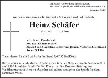 Traueranzeige von Heinz Schäfer von vrm-trauer