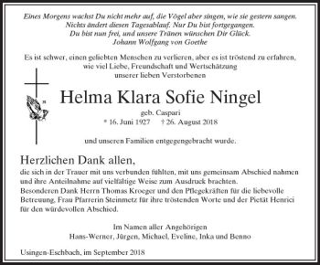 Traueranzeige von Helma Klara Sofie Ningel von  Usinger Anzeiger