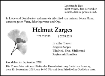 Traueranzeige von Helmut Zarges von vrm-trauer