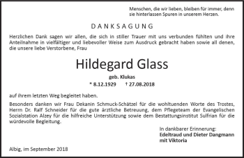 Traueranzeige von Hildegard Glass von vrm-trauer